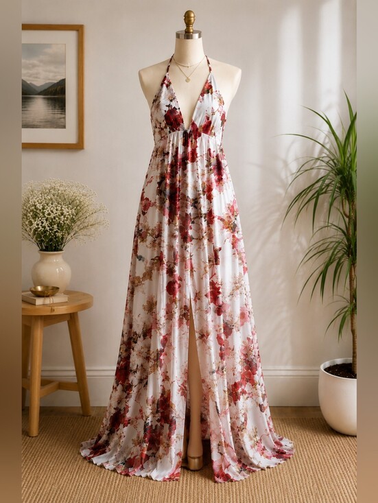 Hello Molly Dresses & Skirts - Floral Halter Maxi Dress White Pink Red Boho Beach Resort Women's 8